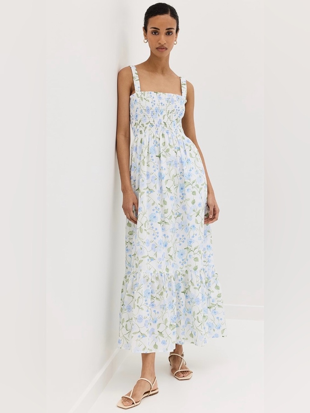 New Hill House Anjuli nap dress in blue/green peony bouquet print